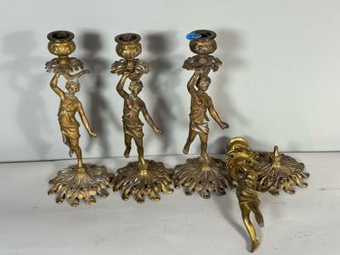4 FRENCH GILDED METAL FIGURAL CANDLESTICKS, 9" EACH