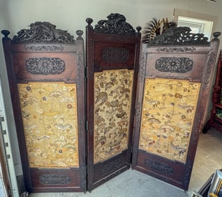 A VERY HEAVY CHINESE CARVED ZITAN WOOD SCREEN, 81" WIDE X 75" TALL