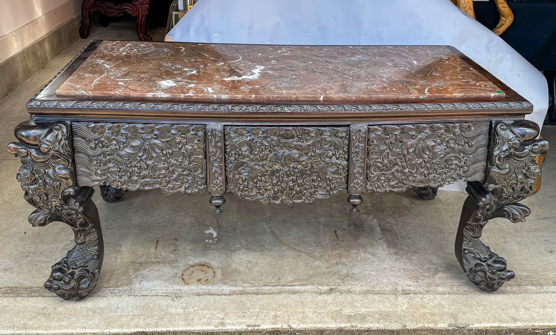 A HEAVY CARVED CHINESE LIBRARY TABLE W/ POLISHED MARBLE TOP, 62" X 28" X 29.5". MARBLE TOP HAS (1 of 15)