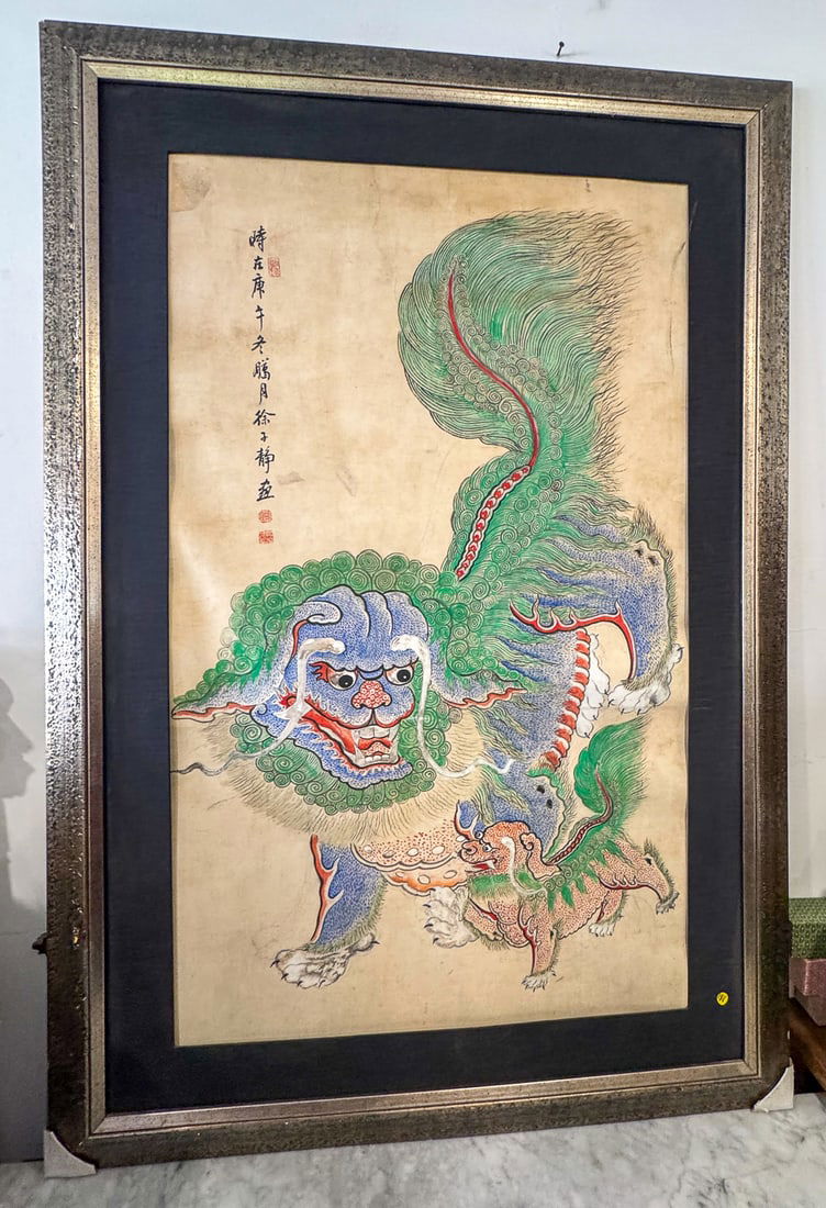 A LARGE CHINESE WATERCOLOR SCROLL W/ FOO DOGS, 45" X 64". FOXING (1 of 6)