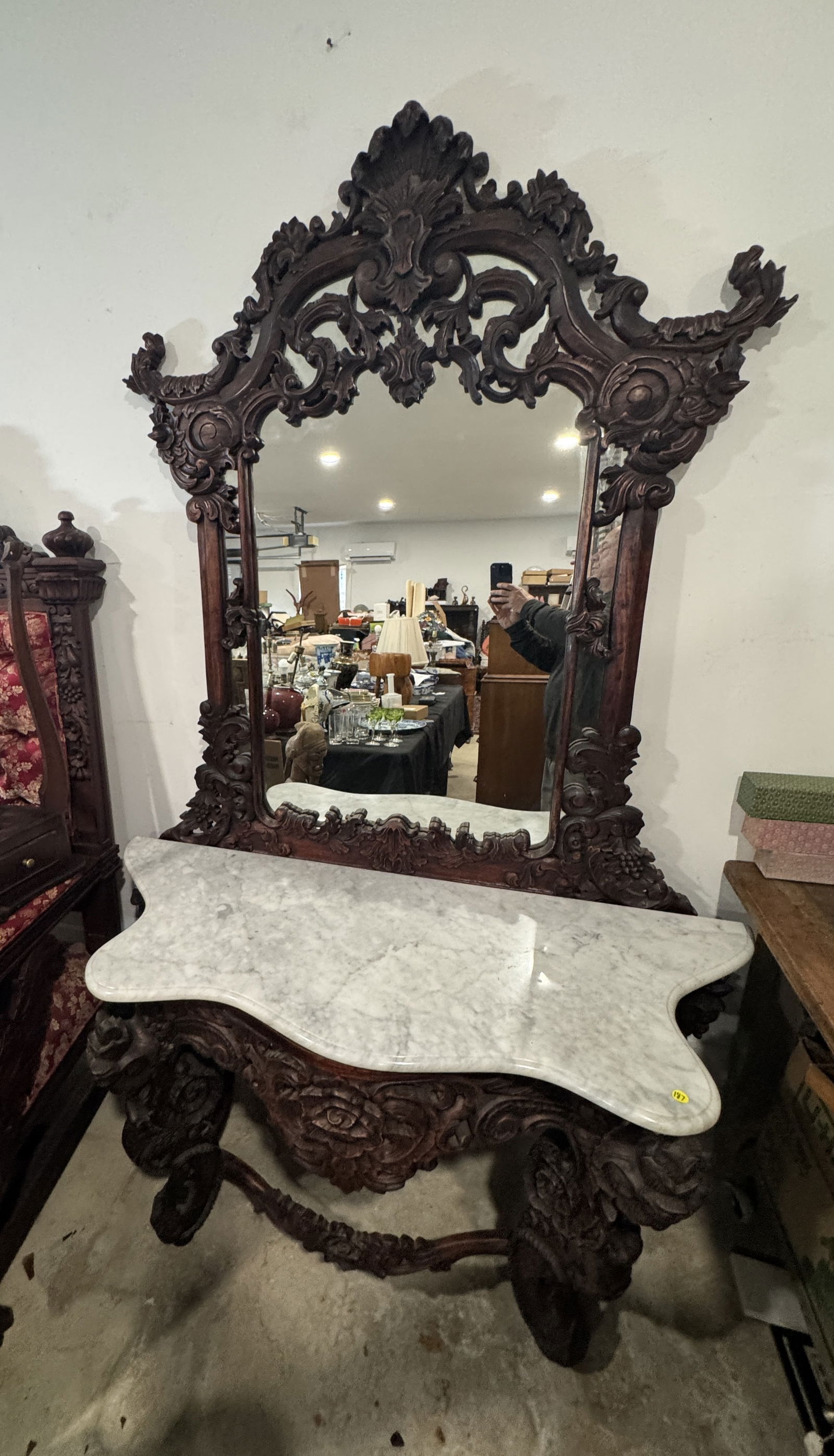A LARGE MIRRORED CHINESE MARBLE TOP ENTRY TABLE, 56" X 28" X 86" (1 of 7)