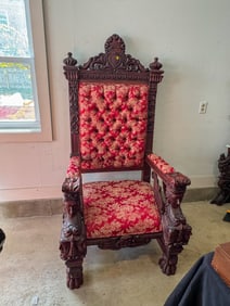 A HEAVILY CARVED MAHOGANY THRONE CHAIR, 68" X 32" X 33"