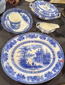 AN AS IS FLOW BLUE PLATTER AND BOWL AND OTHER BLUE AND WHITE CHINA, 17" X 15" AND SMALLER