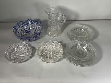 A LOT OF ANTIQUE CUT CRYSTAL, 5" X 12" AND SMALLER
