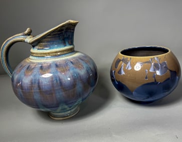 2 CRYSTALLINE GLAZE STUDIO POTTERY PIECES, 8" X 8.5" AND 6.5" X 5.5"