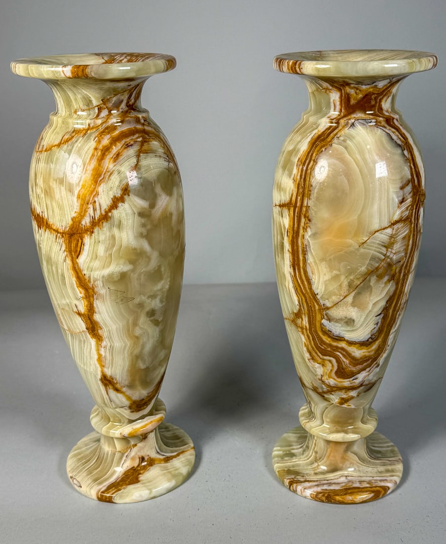 A PAIR OF GREEN ONYX CARVED BALUSTER VASES, 5" X 12.5" (1 of 6)