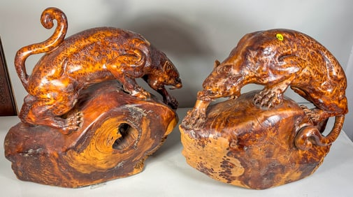 A LARGE PAIR OF CARVED BURLWOOD LEOPARDS, 23" X 8" X 19"