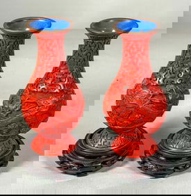 A PAIR OF CINNABAR VASES ON STANDS, 7.5" W/ STANDS
