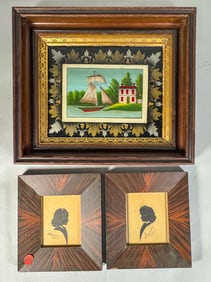2 SILHOUETTES AND A REVERSE PAINTING IN WALNUT FRAME, 14" X 12" AND SMALLER