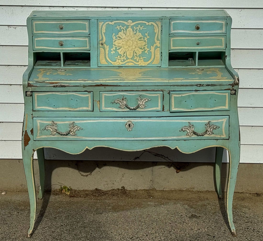 19TH CENTURY PAINTED FRENCH PROVINCIAL DESK, 40" X 19" X 38" (1 of 7)