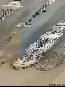 AN ENAMELED CASE GLASS LAMP AND CRYSTAL LAMP, 26" AND SMALLER