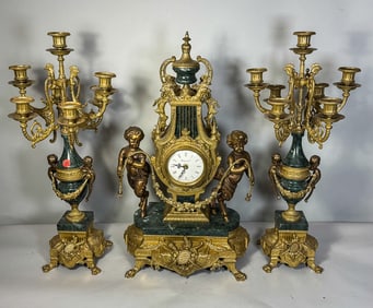 AN IMPERIAL BRASS AND STONE GARNITURE SET, 24" EACH