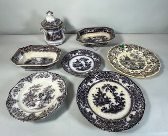 8 PIECES STAFFORDSHIRE POTTERY, 11" AND SMALLER