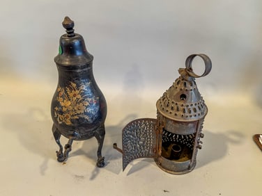 A PIERCED TOLEWARE LANTERN AND A TOLEWARE CHOCOLATE POT