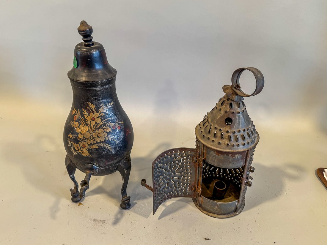 A PIERCED TOLEWARE LANTERN AND A TOLEWARE CHOCOLATE POT (1 of 3)