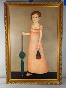 A P WELCH PRIMITIVE PAINTING "GIRL WITH UMBRELLA", 28" X 40" FRAMED