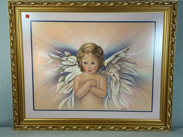 A P WELCH PRIMITIVE PAINTING "LITTLE ANGEL", 26" X 33"