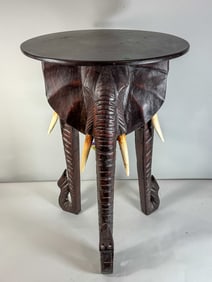 CARVED WOOD ELEPHANT FORM TABLE, 19.5" X 30"