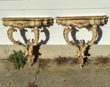 PAIR OF PAINTED FRENCH CHIPPENDALE SHELVES, 21" X 12" X 24"