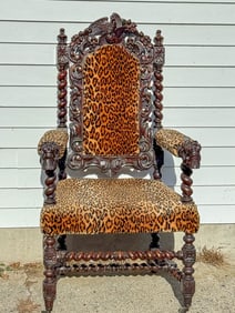 A LORNER VICTORIAN MASTER CHAIR WITH LEOPARD PRINT UPHOLSTERY, 28" X 27" X 51"