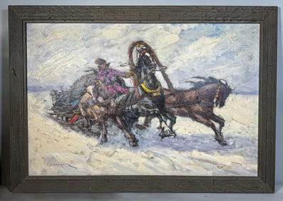 V. LAZAREV OIL PAINTING OF A SLEIGH, 28" X 40"