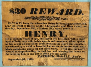 RUNAWAY SLAVE BROADSIDE "30 REWARD" 1833, 14" X 12" FRAMED AND 9.5" X 7" SIGHT