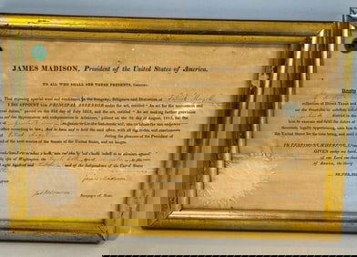 1813 DOCUMENT SIGNED BY PRESIDENTS JAMES MADISON AND JAMES MONROE, 11.5" X 17"