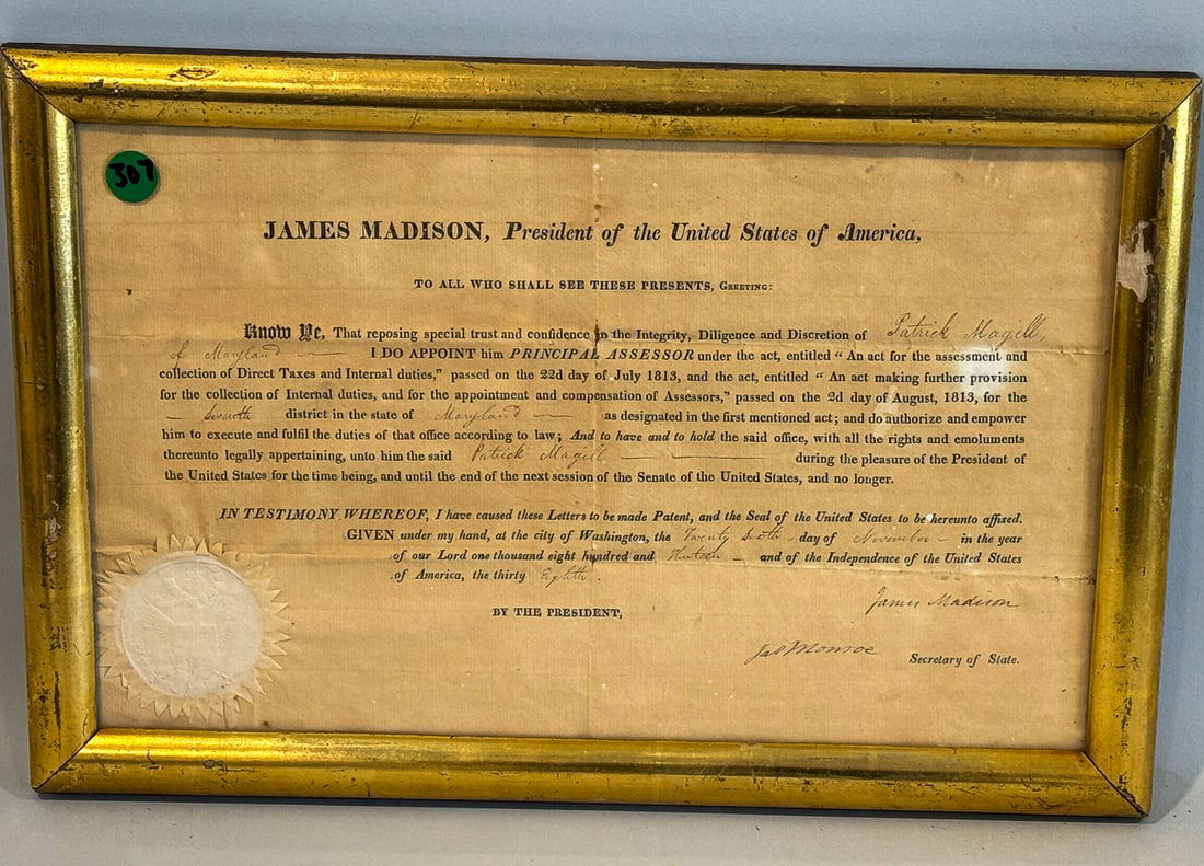 1813 DOCUMENT SIGNED BY PRESIDENTS JAMES MADISON AND JAMES MONROE, 11.5" X 17" (1 of 6)