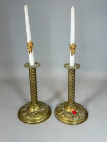 ANTIQUE BRASS CANDLESTICKS, 7" DIAMETER X 4" TALL