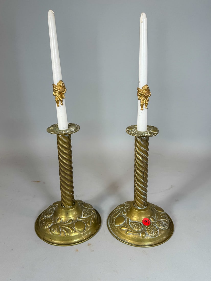ANTIQUE BRASS CANDLESTICKS, 7" DIAMETER X 4" TALL: ANTIQUE BRASS CANDLESTICKS, 7" DIAMETER X 4" TALL