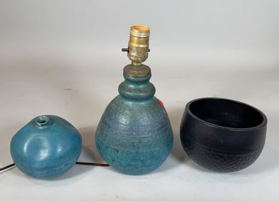 2 PIECES MCM POTTERY AND BRONZE BOWL, 5" D X 11" T, 6" D X 5" T, AND 5"D X 5" T