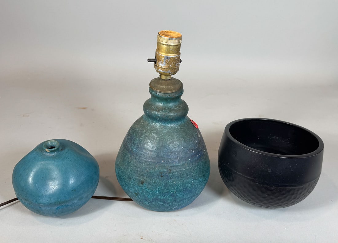 2 PIECES MCM POTTERY AND BRONZE BOWL, 5" D X 11" T, 6" D X 5" T, AND 5"D X 5" T: 2 PIECES MCM POTTERY AND BRONZE BOWL, 5" D X 11" T, 6" D X 5" T, AND 5"D X 5" T