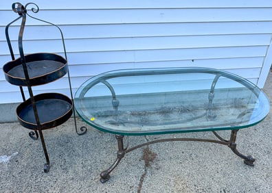 DESIGNER IRON AND GLASS TABLE AND A TOLEWARE 3 TIER STAND, 46" X 28" X 19" AND 13.5" D X 40" T