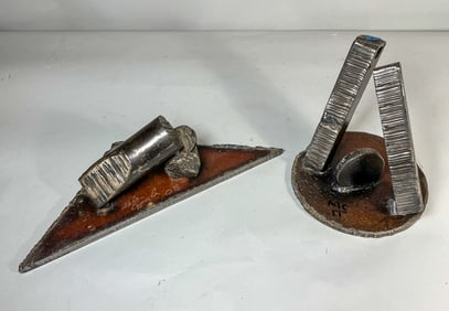 A PAIR OF SIGNED STEEL BRUTALIST SCULPTURES, 16" X 7" X 5" AND 8" D X 8" T