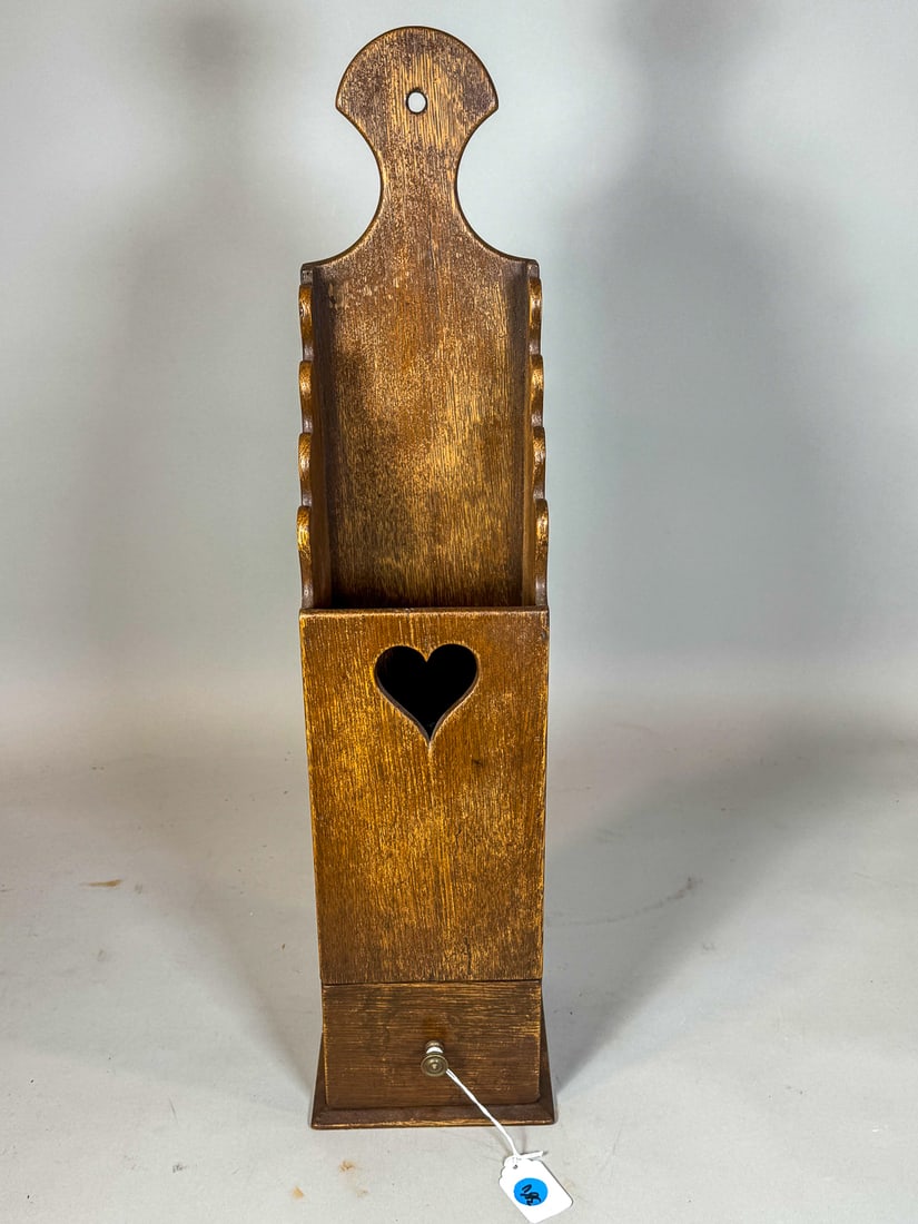 A 19TH C. OAK KNIFE BOX WITH HEART CUT OUT, 5" X 5.25" X 24": A 19TH C. OAK KNIFE BOX WITH HEART CUT OUT, 5" X 5.25" X 24"