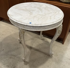 FRENCH PROVINCIAL MARBLE TOP LAMP TABLE, 28" X 28"