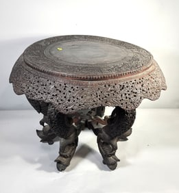 ANTIQUE CARVED PERSIAN TABLE W/ MOSQUE AND ANIMALS, 26" X 21"