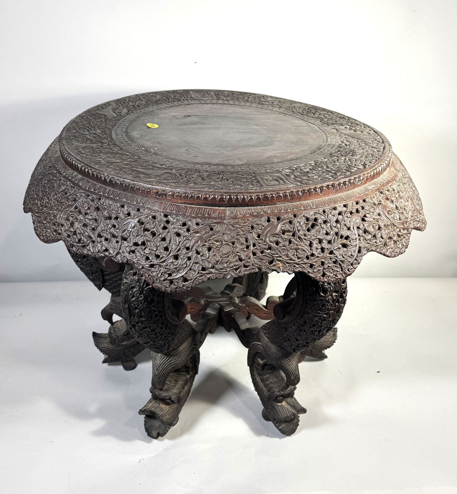 ANTIQUE CARVED PERSIAN TABLE W/ MOSQUE AND ANIMALS, 26" X 21" (1 of 5)