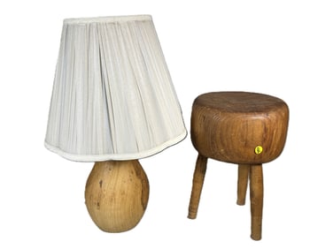 MCM WOOD STOOL W/ LAMP, 15" X 11" AND 23" TALL LAMP