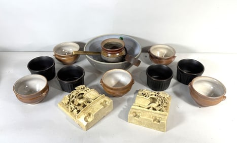 CARVED HARDSTONE BOOKENDS AND MCM POTTERY, 10" AND SMALLER