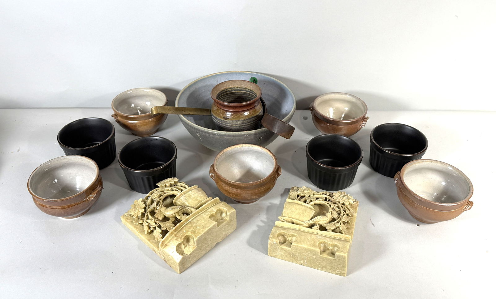 CARVED HARDSTONE BOOKENDS AND MCM POTTERY, 10" AND SMALLER (1 of 6)