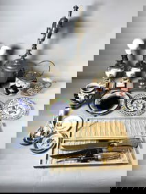 PERSIAN VASE, BISQUIT JAR, PEWTER LAMP ETC. 21" AND SMALELR