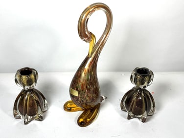 A MURANO SWAN AND 2 CANDLESTICKS, 12.5" T AND 6" T