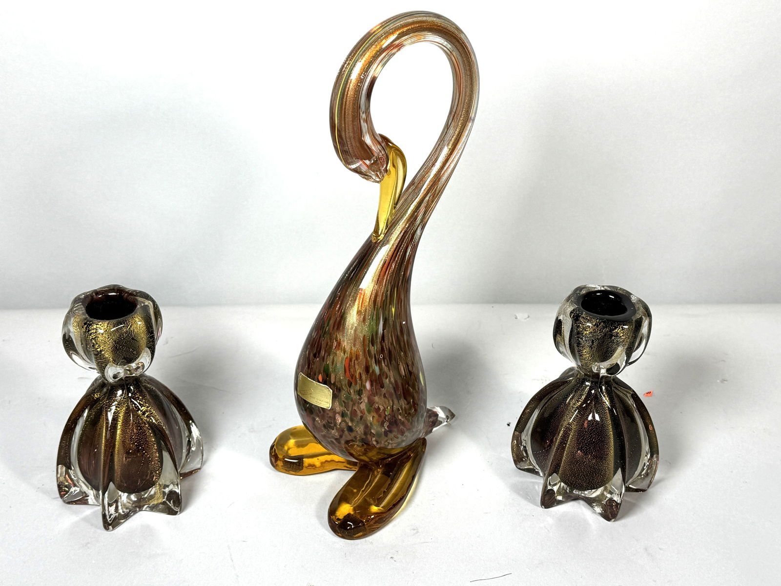 A MURANO SWAN AND 2 CANDLESTICKS, 12.5" T AND 6" T: A MURANO SWAN AND 2 CANDLESTICKS, 12.5" T AND 6" T