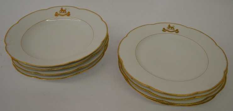 7 CRESTED LIMOGE DINNER PLATES: 7 CRESTED LIMOGE DINNER PLATES. 10" DIAMETER. SIGNED "LEROSEY HEBERS RUE DE LA PAIS DANS". GREAT CONDITION- NO SCRATCHES, CHIPS OR MAJOR WEAR.