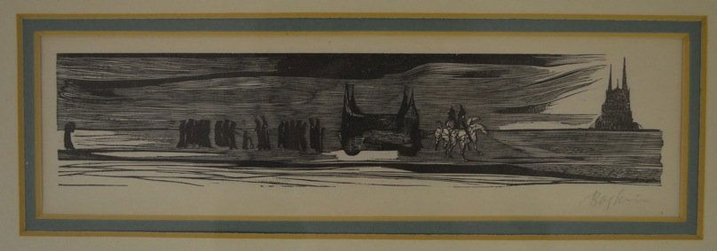 LEONARD BASKIN SIGNED WOODCUT OF LANDSCAPE: LEONARD BASKIN WOODCUT OF LANDSCAPE. 10" X 16 ½" (FRAME), 2 ¾" X 10" (SIGHT)