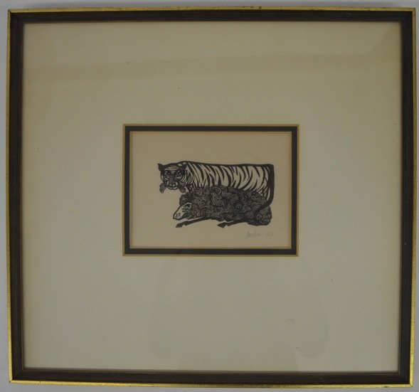 LEONARD BASKIN SIGNED WOODCUT OF TIGER AND SHEEP: LEONARD BASKIN SIGNED WOODCUT OF TIGER AND SHEEP. 1952. 13" X 14 ½" (FRAME) 4" X 5 ½" (SIGHT)