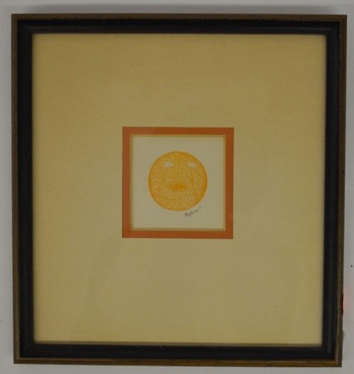 LEONARD BASKIN SIGNED WOODCUT: LEONARD BASKIN SIGNED WOODCUT. 9" X 8 ½" (FRAME) 2 ½" X 2 ½" (SIGHT)