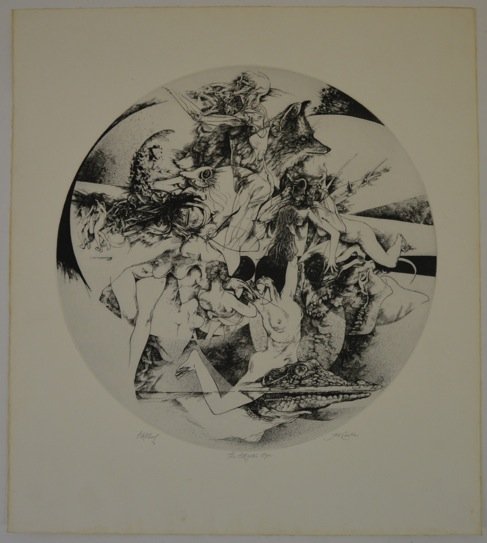 SIGNED JACK COUGHLIN ETCHING "THE ALLIGATOR EYE": SIGNED JACK COUGHLIN ETCHING "THE ALLIGATOR EYE." 24 ¾" X 22" (SHEET) 18" X 18" (PLATE). GREAT CONDITION.