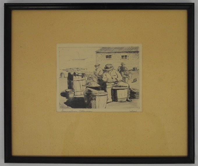 3 PRINTS OF FISHING, PROVINCETOWN, SIGNED "EARL.: 3 PRINTS OF PROVINCETOWN, SIGNED "EARL." "FISHERMAN'S RETURN," "PROVINCETOWN FISHERMAN" AND "OFF TO MEND THE NETS." 9 ½" X 11 ½" (FRAME) 4 ½" X 5 ½" (SIGHT)